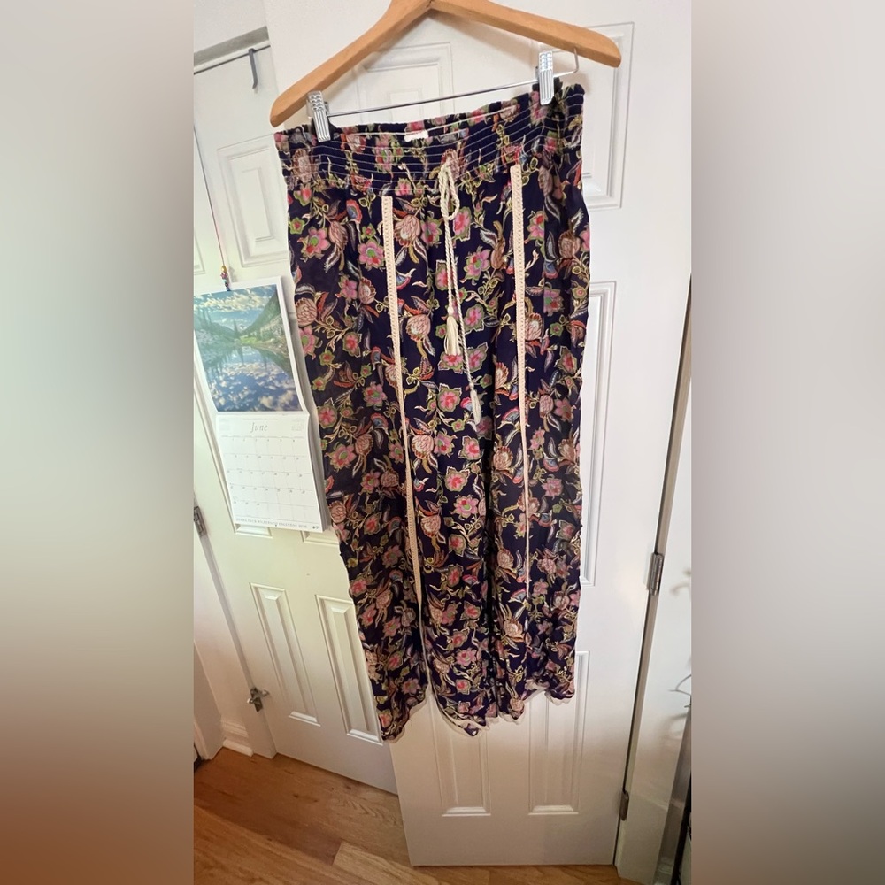 Anthropologie Purple Flowy Pants with Pink and Green Accents